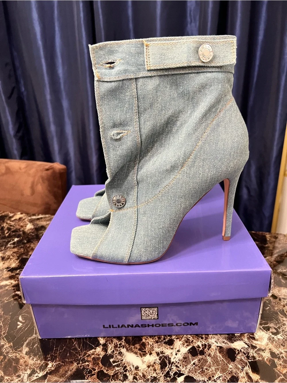 Denim Peep-Toe Stiletto Booties - Denim